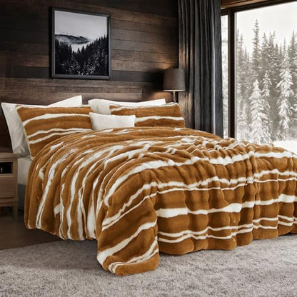 Wonderful 3 Pieces Fluffy Faux Rabbit Fur Comforter Set Queen Size, Caramel Plush Fuzzy Bedding Set, Animal Stripes Design Warm Soft Comforter Bedding Set for All Season,90"x94"