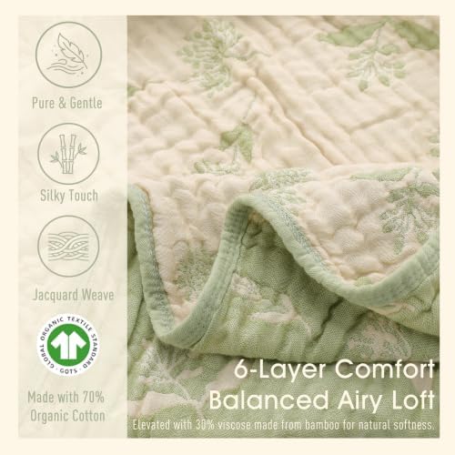 Muslin Baby Blanket, Organic Cotton Blend Jacquard (Matcha Floral)