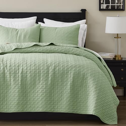 palassio Sage Green 100% Cotton Quilt Twin Size Bedding Sets with 1 Pillow Sham, Textured Lightweight Soft Bedspread Shabby Chic Coverlet, Quilted Thin Comforter Bed Cover for All Season, 2 Pieces