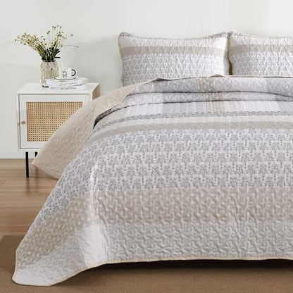 WONGS BEDDING Patchwork Quilt Set Full, Beige Bohemian Striped Bedspread
