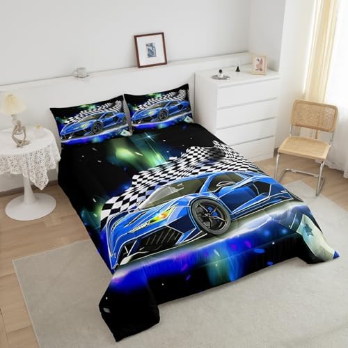 Feelyou Blue Racing Car Comforter Bed in A Bag King Size for Kids Teens