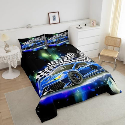 Feelyou Blue Racing Car Comforter Bed in A Bag King Size for Kids Teens