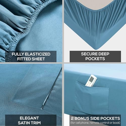 Mueller Luxury 6 PC Full Size Bed Sheets, Super Soft, Deep Pocket up to 16" Full Size Sheets, Transfers Heat, Breathes Better, Hypoallergenic, Wrinkle-Resistant, Oeko-TEX, Denim