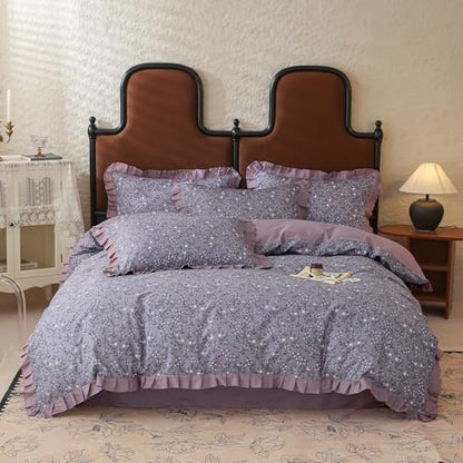 LifeTB Vintage Daisy Flower Duvet Cover Queen 100% Cotton Purple Ruffle Comforter Cover Floral Aesthetic Duvet Cover Romantic Princess Bedding Set Girls Lace Comforter Cover Queen with 2 Pillowcases