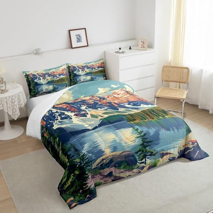 Lake House Comforter Set Full Size,Camping Adventure Theme Duvet Insert 3Pcs,Mountain Lake Woodland Nature Bedding Set for Kids Teens Adults Room Decor,Fishing and Hunting Quilt Set,2 Pillowcases