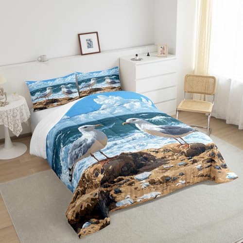 Homewish Cute Seagull Comforter Set King Size,Ocean Animals Bedding Set 3Pcs,Beach Coastal Quilt Set for Kids Boys Girls Teens Room Decor,Sea Blue Oil Painting Art Duvet Insert,2 Pillowcases