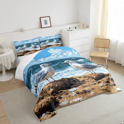 Homewish Cute Seagull Comforter Set King Size,Ocean Animals Bedding Set 3Pcs,Beach Coastal Quilt Set for Kids Boys Girls Teens Room Decor,Sea Blue Oil Painting Art Duvet Insert,2 Pillowcases