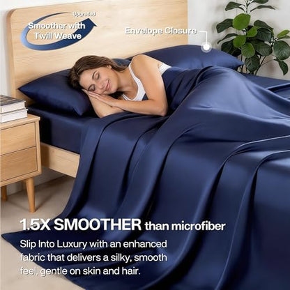 MR&HM Queen Sheets 4 Pieces, Rayon Derived from Bamboo Blend, Navy Blue