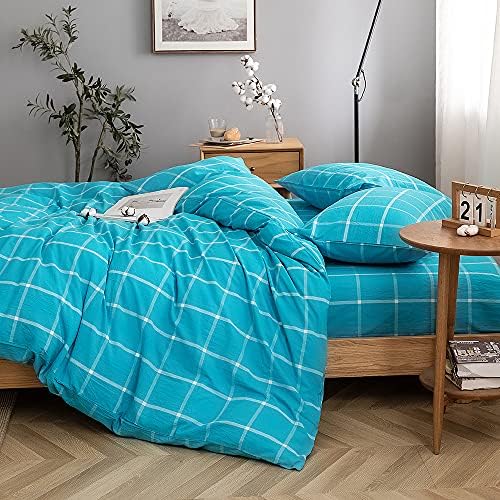 FACE TWO FACE Bedding Duvet Cover Set100% Washed Cotton Duvet Cover Linen Like Textured Breathable Durable Soft Comfy (King, Turquoise Grid)
