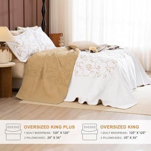 Lady Ann Oversized King 120x120 Quilt Bedspreads,100% Cotton Embroidery Pattern California King Size Quilt Bedding Set Extra Large White with Gold Bedding Coverlet Sets Lightweight All Season 3 Pcs