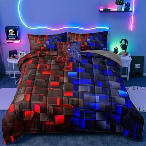 6 Pieces 3D Block Bedding Set Queen Size Red Blue Gaming Block for Boys Comforter Set Bed in A Bag Perfect for Boys Girls Kids Teens Bedroom Decorative Queen09
