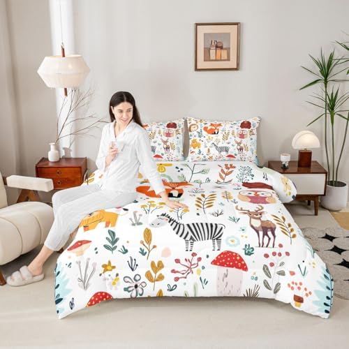 Erosebridal Kids Fox Comforter Set Twin,Cute Woodland Bear Deer Down Comforter for Boys Girls Bedroom,Cartoon Owl Lovely Animal Wildlife Bedding Sets Flower Leaves Quilt Duvet Set 2 Pcs Colorful