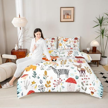 Erosebridal Kids Fox Comforter Set Twin,Cute Woodland Bear Deer Down Comforter for Boys Girls Bedroom,Cartoon Owl Lovely Animal Wildlife Bedding Sets Flower Leaves Quilt Duvet Set 2 Pcs Colorful