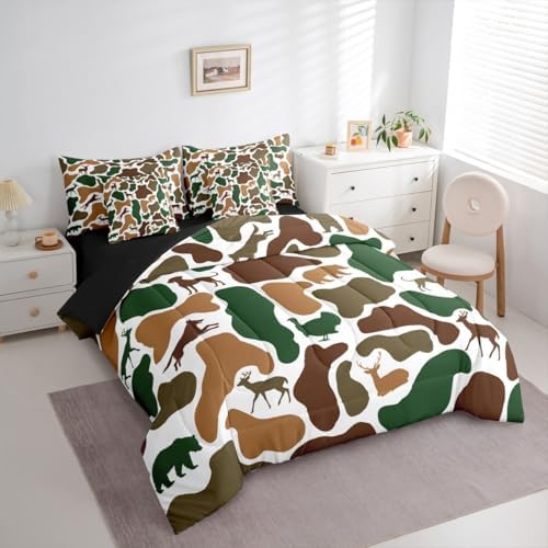 Erosebridal Camo 7 Piece Bedding Set Queen Hunt Bear Comforter Set with Sheets Turkey Wolf Hound Deer Print Bed in a Bag Green White Camouflage for Kids Boys Girls