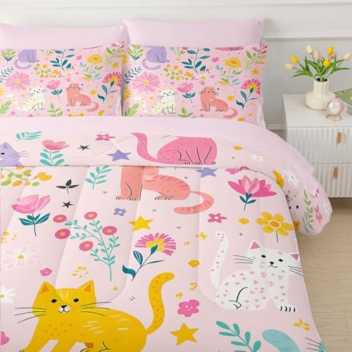 QOOMO Pink Floral Cats 7 Pieces Comforter Set Queen,Kawaii Cats Bedding Set