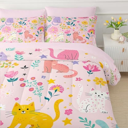 QOOMO Pink Floral Cats 7 Pieces Comforter Set Queen,Kawaii Cats Bedding Set