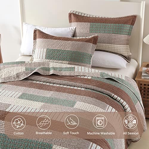 Finlonte Quilt Queen Size 100% Cotton Queen Size Quilts Brown Green Beige Bedspreads Plaid Quilts Lightweight Soft Breathable Bedding Sets for All Season, 3 Piece