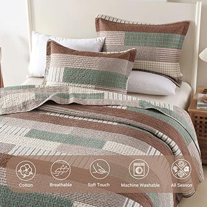 Finlonte Quilt Queen Size 100% Cotton Queen Size Quilts Brown Green Beige Bedspreads Plaid Quilts Lightweight Soft Breathable Bedding Sets for All Season, 3 Piece