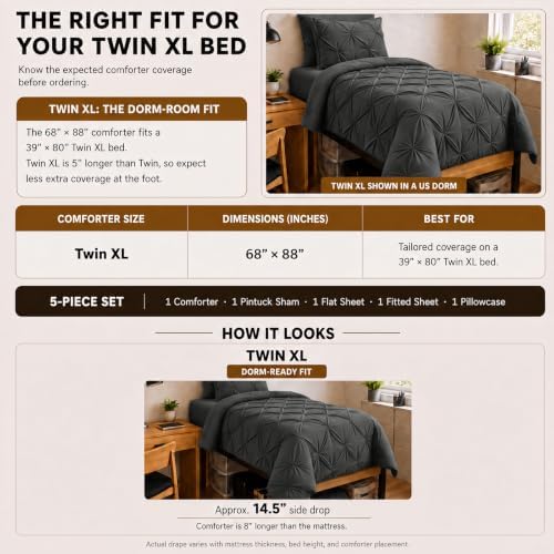 HIMEET Twin XL Comforter Set Dark Grey - 5 Pieces Pintuck Bed in a Bag