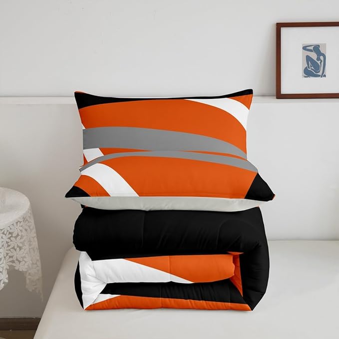 Erosebridal Orange Gray Black Striped Twin Bedding Sets for Adult Women Men Modern Abstract Comforter Set Geometric Lines Quilt Duvet Set Aesthetic Boho Bedding Collections