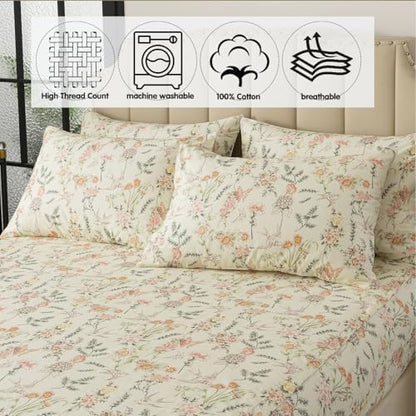 FADFAY Full Size 4‑Piece 100% Cotton Sheet Set – Deep Pocket Fitted Sheet, Crisp, Breathable & Soft for Hot Sleepers, Country Style Floral & Butterfly Pattern for All Seasons
