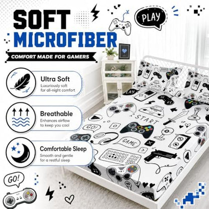 AILONEN Video Game Fitted Sheet Set,Boys Full Bed Sheet Set,Video Gamer Console Joystick Controller Bed Sheet Set,Computer Retro Arcade Play Gaming Sheet Set 3Pcs, 1 Fitted Sheet and 2 Pillowcases
