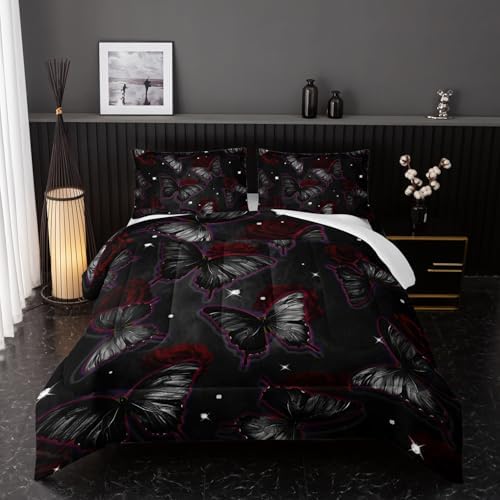 Black Butterfly Comforter Sets Twin Size, Black Butterfly Flowers 3D Animal Pattern Kids Bedding Sets for Girls Teens 3 Piece Bedroom Decor Comforter with 2 Pillowcases