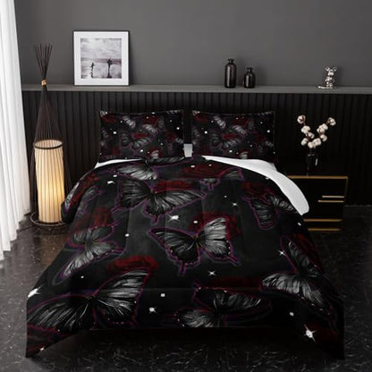 Black Butterfly Comforter Sets Twin Size, Black Butterfly Flowers 3D Animal Pattern Kids Bedding Sets for Girls Teens 3 Piece Bedroom Decor Comforter with 2 Pillowcases