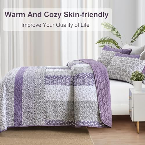 WONGS BEDDING Purple King Quilt Bedding Set, Bohemian Stripe Bedspread