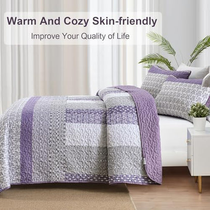 WONGS BEDDING Purple King Quilt Bedding Set, Bohemian Stripe Bedspread