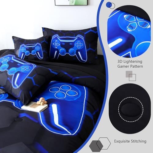 6 Pieces Boys Full Size Bedding Set Blue Gaming Comforter Set with Sheets 3D Honeycomb Gamer Bed in A Bag Game Console Printed Kids Bed Sets for Teen Boy (Black Blue, Full)