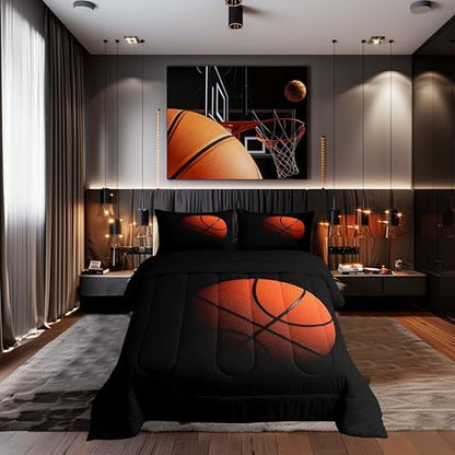 Castle Fairy Basketball Print Black and Orange Comforter Set Twin Size for Children,Teens Boys Kids Sports Bedding Set,Basketball Comforter Set 2 Pieces with 1 Pillowcases Quilt Set,Sport Style