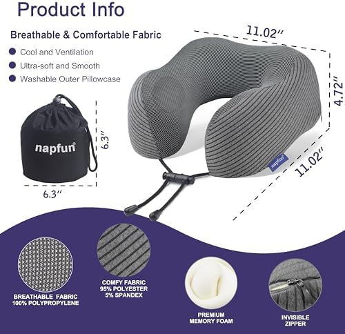 napfun Neck Pillow for Travel, Memory Foam Airplane Pillow, Dark Gray