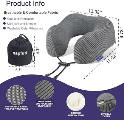 napfun Neck Pillow for Travel, Memory Foam Airplane Pillow, Dark Gray