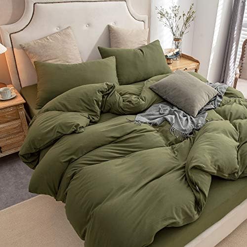 PURE ERA Jersey Knit Duvet Cover Set Solid Olive Green Full