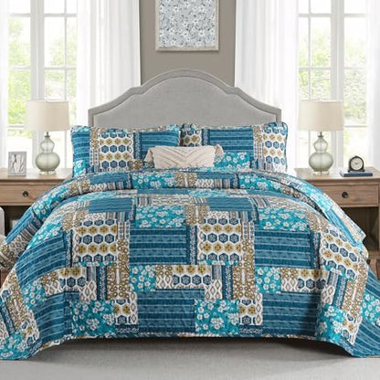 Mybedsoul Boho Quilts Queen Size, Floral Patchwork Bedding Set, Dusty Blue