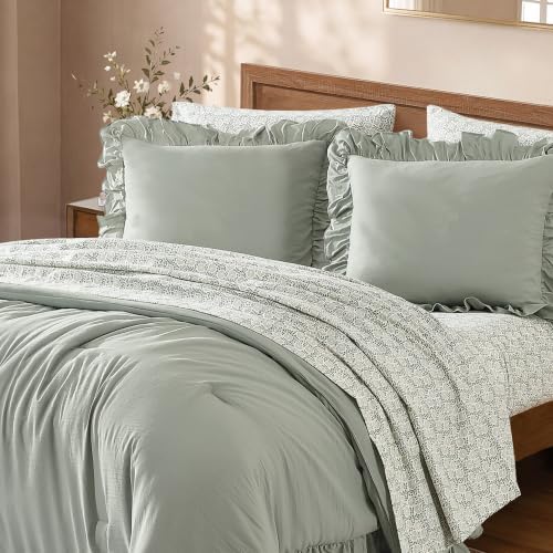 BLOOMHAVEN Full Size Comforter Sets-7 Pieces Ruffle Bedding Floral Sheet