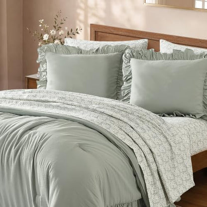 BLOOMHAVEN Full Size Comforter Sets-7 Pieces Ruffle Bedding Floral Sheet