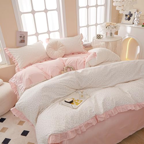 LifeTB Pink Flower Comforter Set Full Vintage Coquette Bedding Comforter Cottagecore Floral Comforter Set with Elegant Ruffles Soft Fluffy Lightweight Botanical Bedding Set for Girls Women