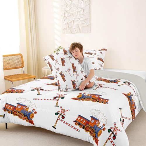 Feelyou Yellow Vintage Train Comforter Set King Size Retro Steam Locomotive Down Bedding Set for Kids Boys Girls Transportation Vehicles Duvet Quilt Bedroom Decor Microfiber 3 Pcs with 2 Pillow Cases