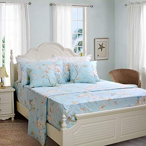 FADFAY Floral Bedding Shabby Blue Bird Print Bed Sheet Set Luxury Bedding Collections 800 Thread Count 100% Egyptian Cotton Deep Pocket, 4 Piece-California King Size