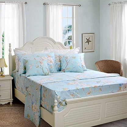 FADFAY Floral Bedding Shabby Blue Bird Print Bed Sheet Set Luxury Bedding Collections 800 Thread Count 100% Egyptian Cotton Deep Pocket, 4 Piece-California King Size