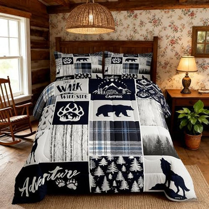 Manfei Deer Bear Kids Comforter Set Twin Size,Wolf Hunting Adventure Rustic Bedding Set for Boys Girls Adults Room Decor,Geometric Plaids Patchwork Down Comforter,Blue Xmas Duvet Insert,1 Pillowcase