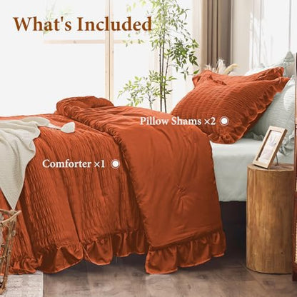 JOLLYVOGUE Burnt Orange Queen Comforter Set, 3 Pieces Seersucker Comforters Queen Size, Lightweight & Fluffy Bedding Sets Queen for All Season with 1 Ruffle Comforter and 2 Ruffle Pillowshams