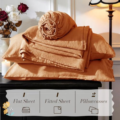 SONORO KATE 100% French Linen Queen Size Sheets Set,Natural Flax Bedding