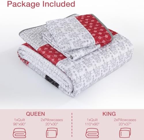 WONGS BEDDING Boho Queen Size Quilt Set, Black Red Striped Bedspread