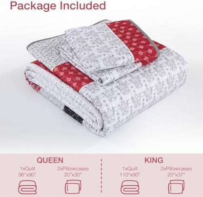 WONGS BEDDING Boho Queen Size Quilt Set, Black Red Striped Bedspread