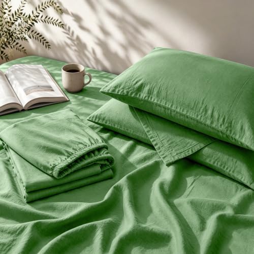MEISHANG 100% French Linen Sheets Queen,4 Pcs,16" Deep Pocket