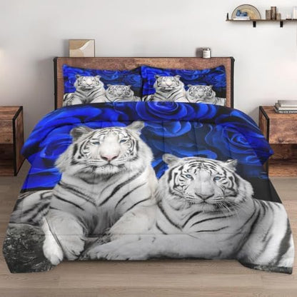 WeCozy Queen Comforter Set, 3 Pieces White Tiger Bedding, All Season