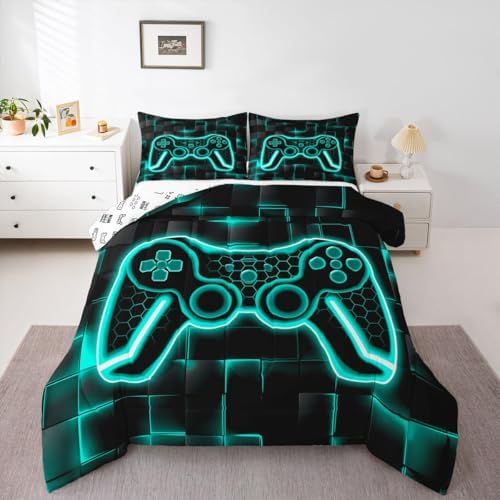 Feelyou Kids Gamer Comforter Set Queen Size Teal Blue and Black Bedding Set for Boys Teens Decor Gaming Ombre Comforter Geometric Square Duvet Set 3Pcs
